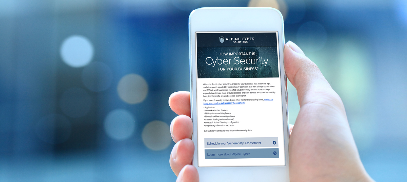 Alpine Cyber Security website on smartphone screen